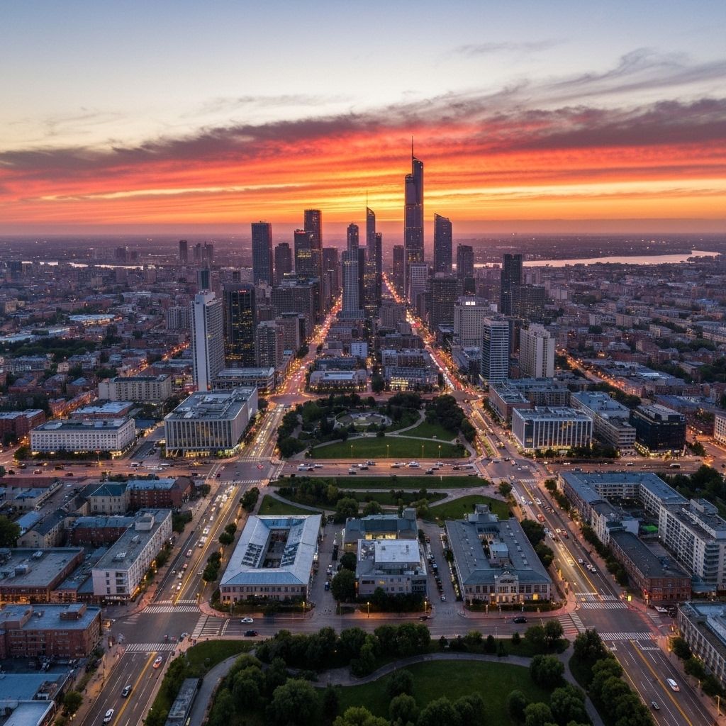 Drone flying over cityscape